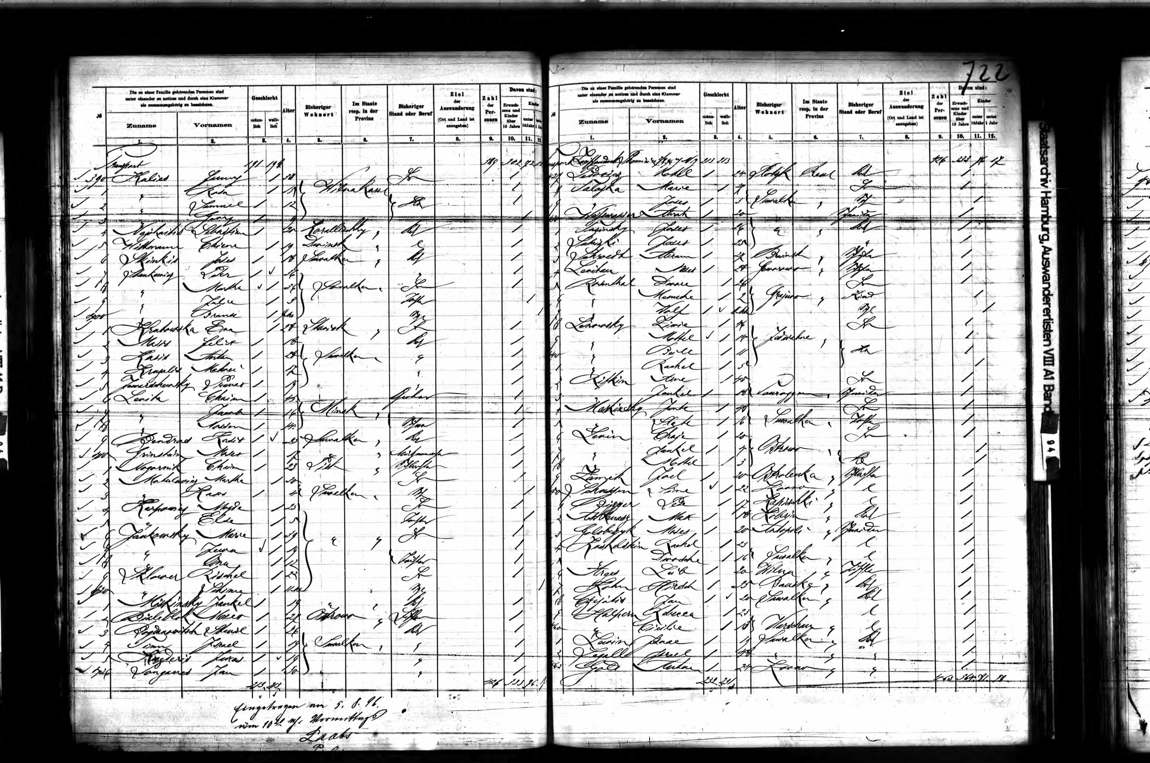Chaim (Haiman), Jacob, & Nossen (Nathan) Levita (Levin) on a Hamburg passenger list in August 1896