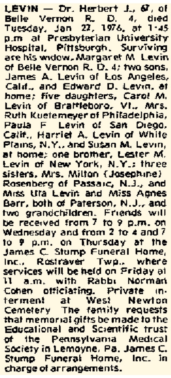obituary of Herbert J. Levin