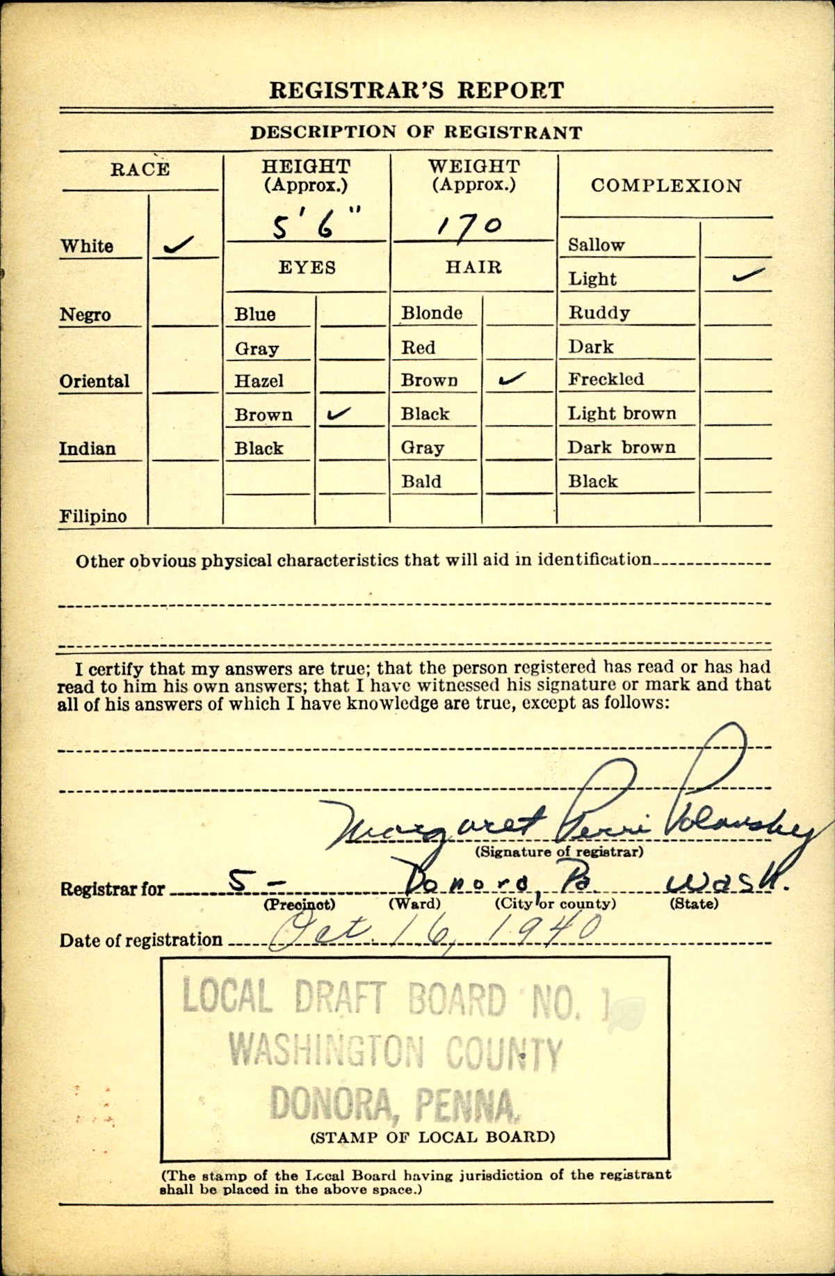 Herbert Levin's draft registration from October 1940, back
