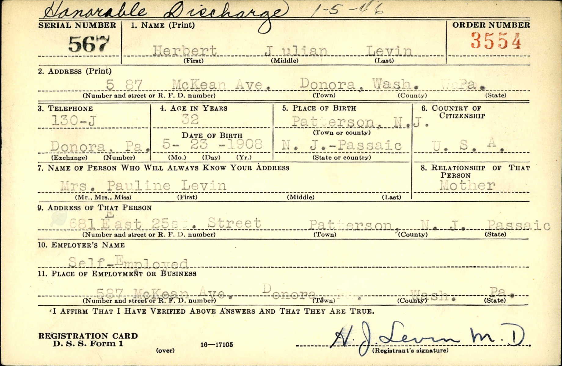 Herbert Levin's draft registration from October 1940, front